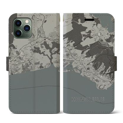 【ホノルル（アメリカ）】地図柄iPhoneケース（手帳タイプ）モノトーン・iPhone 11 Pro 用