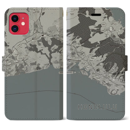 【ホノルル（アメリカ）】地図柄iPhoneケース（手帳タイプ）モノトーン・iPhone 11 用