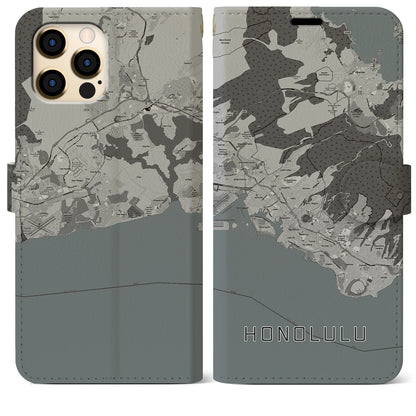 【ホノルル（アメリカ）】地図柄iPhoneケース（手帳タイプ）モノトーン・iPhone 12 Pro Max 用
