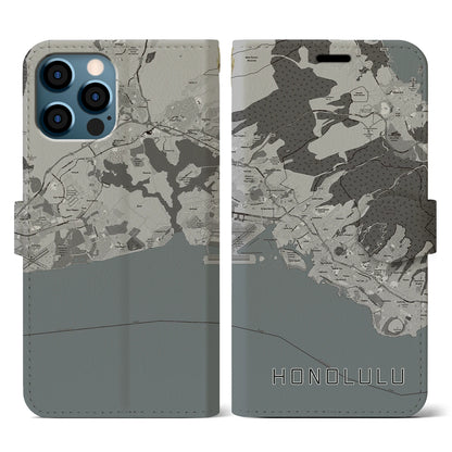 【ホノルル（アメリカ）】地図柄iPhoneケース（手帳タイプ）モノトーン・iPhone 12 / 12 Pro 用