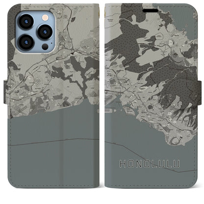 【ホノルル（アメリカ）】地図柄iPhoneケース（手帳タイプ）モノトーン・iPhone 13 Pro Max 用