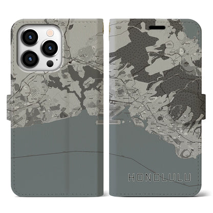 【ホノルル（アメリカ）】地図柄iPhoneケース（手帳タイプ）モノトーン・iPhone 13 Pro 用