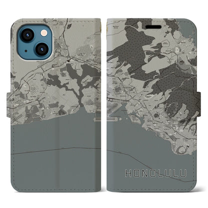 【ホノルル（アメリカ）】地図柄iPhoneケース（手帳タイプ）モノトーン・iPhone 13 用