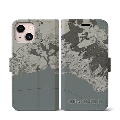 【ホノルル（アメリカ）】地図柄iPhoneケース（手帳タイプ）モノトーン・iPhone 13 mini 用