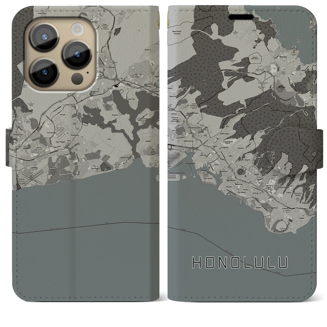 【ホノルル】地図柄iPhoneケース（手帳両面タイプ・モノトーン）iPhone 14 Pro Max 用