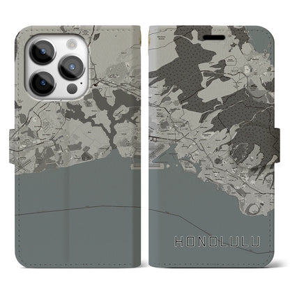 【ホノルル（アメリカ）】地図柄iPhoneケース（手帳タイプ）モノトーン・iPhone 14 Pro 用