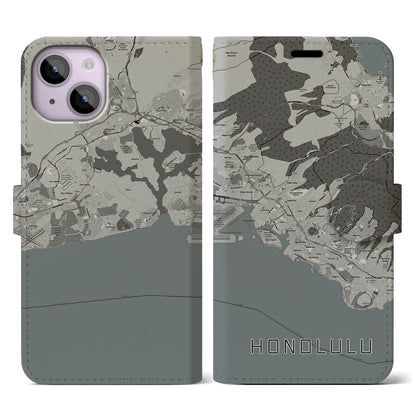 【ホノルル（アメリカ）】地図柄iPhoneケース（手帳タイプ）モノトーン・iPhone 14 用