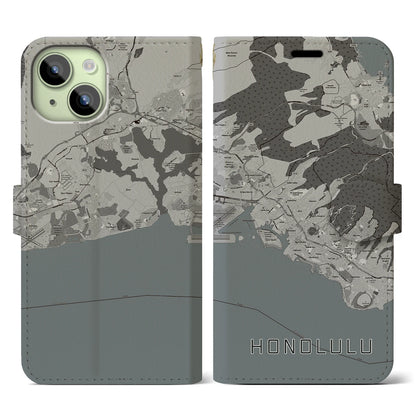 【ホノルル（アメリカ）】地図柄iPhoneケース（手帳タイプ）モノトーン・iPhone 15 用