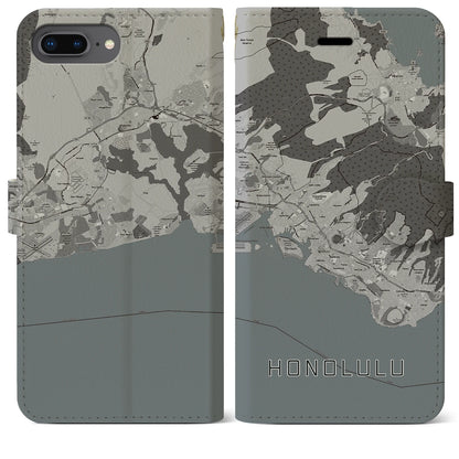【ホノルル（アメリカ）】地図柄iPhoneケース（手帳タイプ）モノトーン・iPhone 8Plus /7Plus / 6sPlus / 6Plus 用