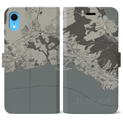 【ホノルル（アメリカ）】地図柄iPhoneケース（手帳タイプ）モノトーン・iPhone XR 用