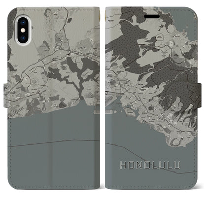 【ホノルル（アメリカ）】地図柄iPhoneケース（手帳タイプ）モノトーン・iPhone XS Max 用