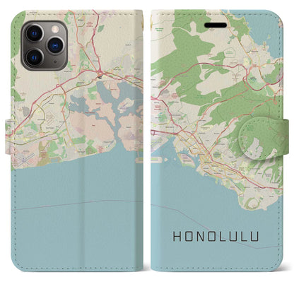【ホノルル（アメリカ）】地図柄iPhoneケース（手帳タイプ）ナチュラル・iPhone 11 Pro Max 用