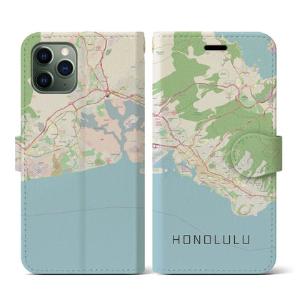 【ホノルル（アメリカ）】地図柄iPhoneケース（手帳タイプ）ナチュラル・iPhone 11 Pro 用
