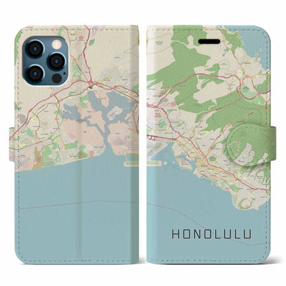 【ホノルル（アメリカ）】地図柄iPhoneケース（手帳タイプ）ナチュラル・iPhone 12 / 12 Pro 用