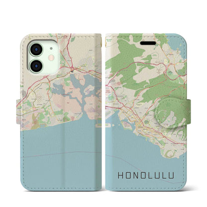 【ホノルル（アメリカ）】地図柄iPhoneケース（手帳タイプ）ナチュラル・iPhone 12 mini 用