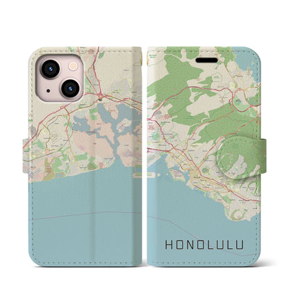 【ホノルル（アメリカ）】地図柄iPhoneケース（手帳タイプ）ナチュラル・iPhone 13 mini 用