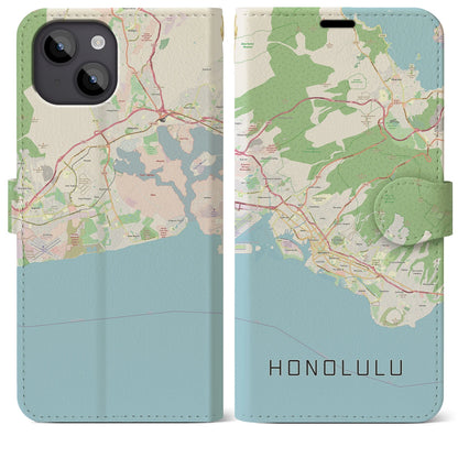 【ホノルル（アメリカ）】地図柄iPhoneケース（手帳タイプ）ナチュラル・iPhone 14 Plus 用