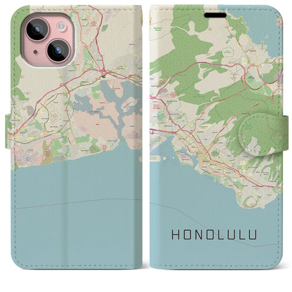 【ホノルル（アメリカ）】地図柄iPhoneケース（手帳タイプ）ナチュラル・iPhone 15 Plus 用