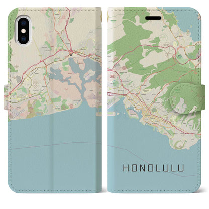 【ホノルル（アメリカ）】地図柄iPhoneケース（手帳タイプ）ナチュラル・iPhone XS Max 用