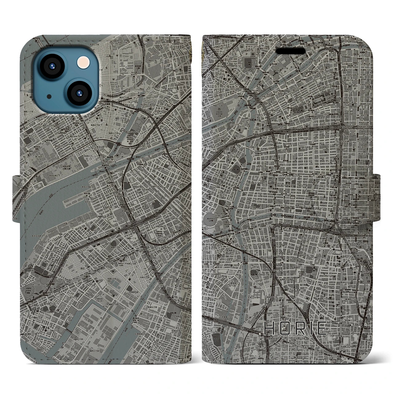 【堀江（大阪府）】地図柄iPhoneケース（手帳タイプ）モノトーン・iPhone 13 用