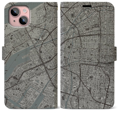 【堀江（大阪府）】地図柄iPhoneケース（手帳タイプ）モノトーン・iPhone 15 Plus 用