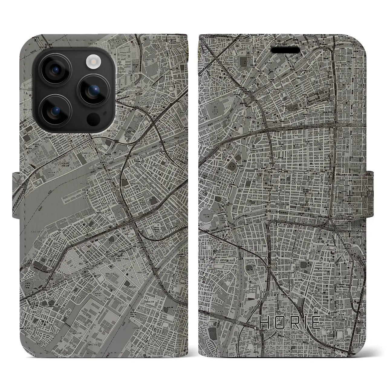 【堀江（大阪府）】地図柄iPhoneケース（手帳タイプ）モノトーン・iPhone 16 用