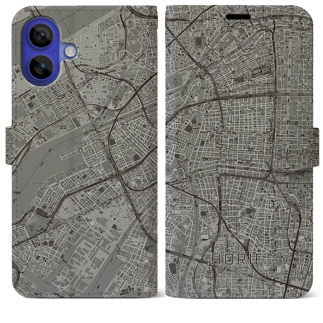 【堀江(大阪府)】地図柄iPhoneケース(手帳タイプ)モノトーン・iPhone 16 Pro Max 用