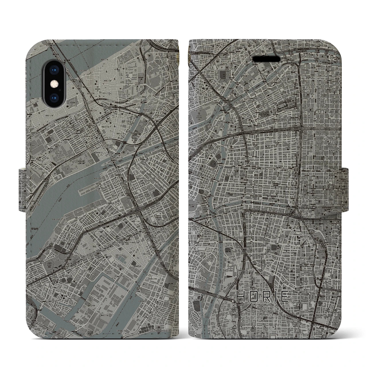 【堀江（大阪府）】地図柄iPhoneケース（手帳タイプ）モノトーン・iPhone XS / X 用