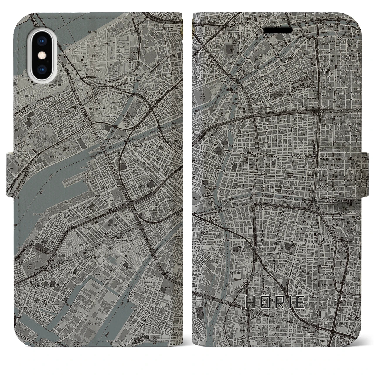 【堀江（大阪府）】地図柄iPhoneケース（手帳タイプ）モノトーン・iPhone XS Max 用