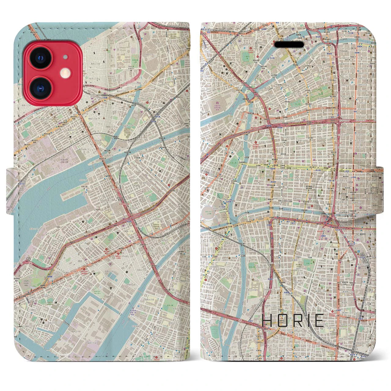 【堀江（大阪府）】地図柄iPhoneケース（手帳タイプ）ナチュラル・iPhone 11 用