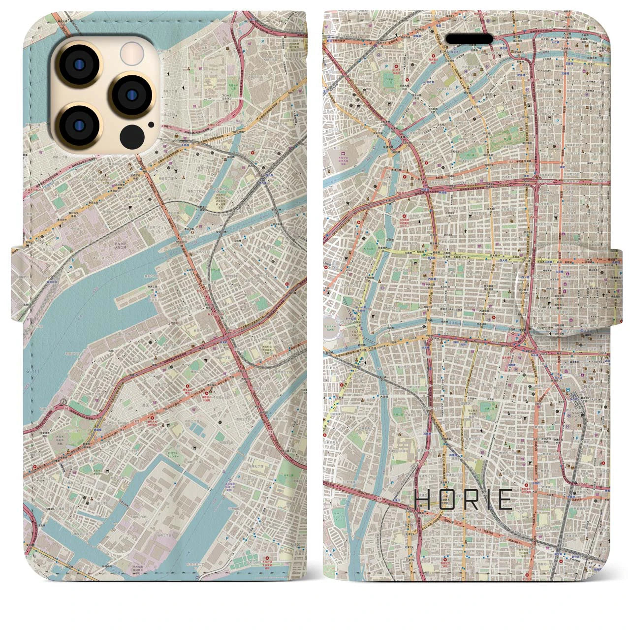 【堀江（大阪府）】地図柄iPhoneケース（手帳タイプ）ナチュラル・iPhone 12 Pro Max 用