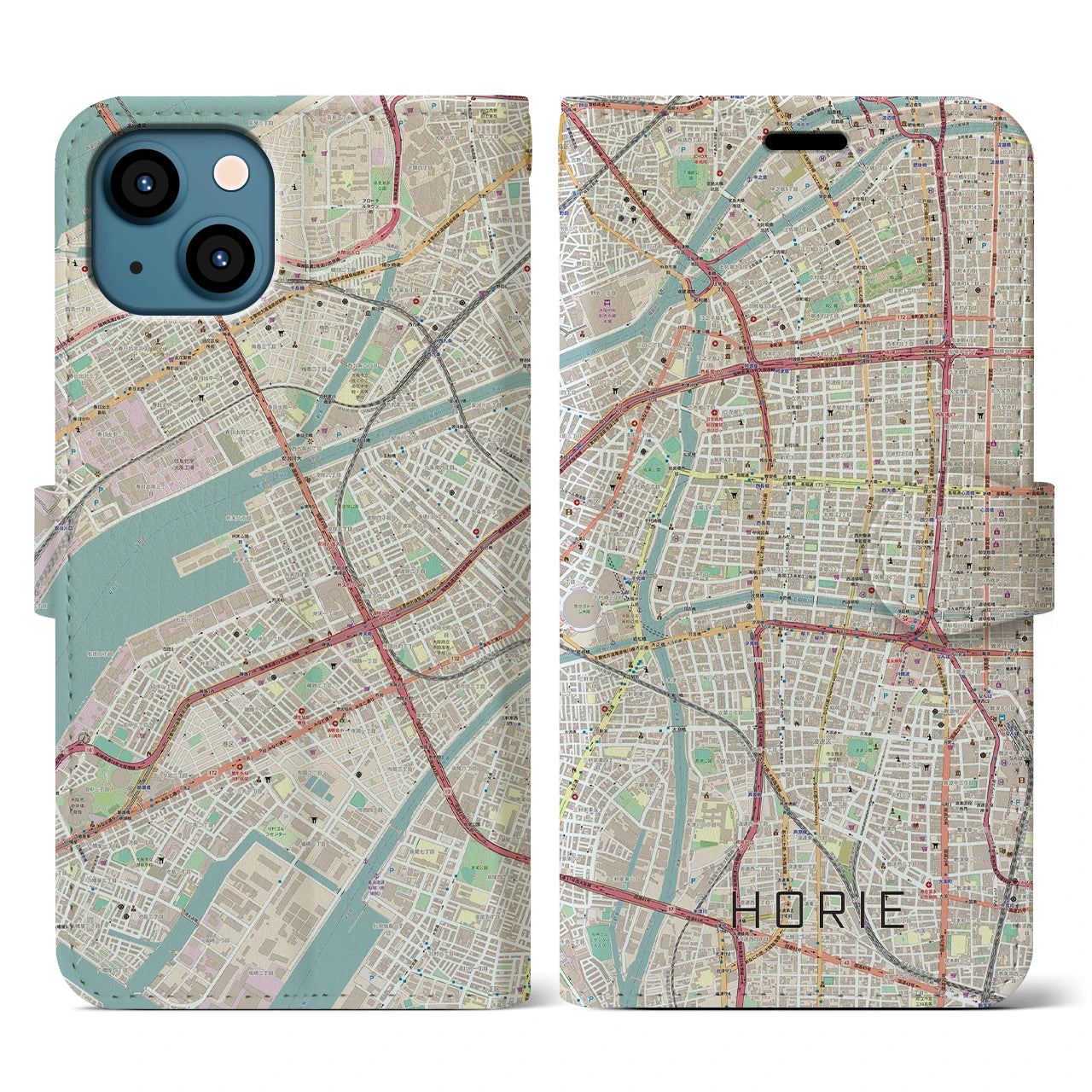 【堀江（大阪府）】地図柄iPhoneケース（手帳タイプ）ナチュラル・iPhone 13 用