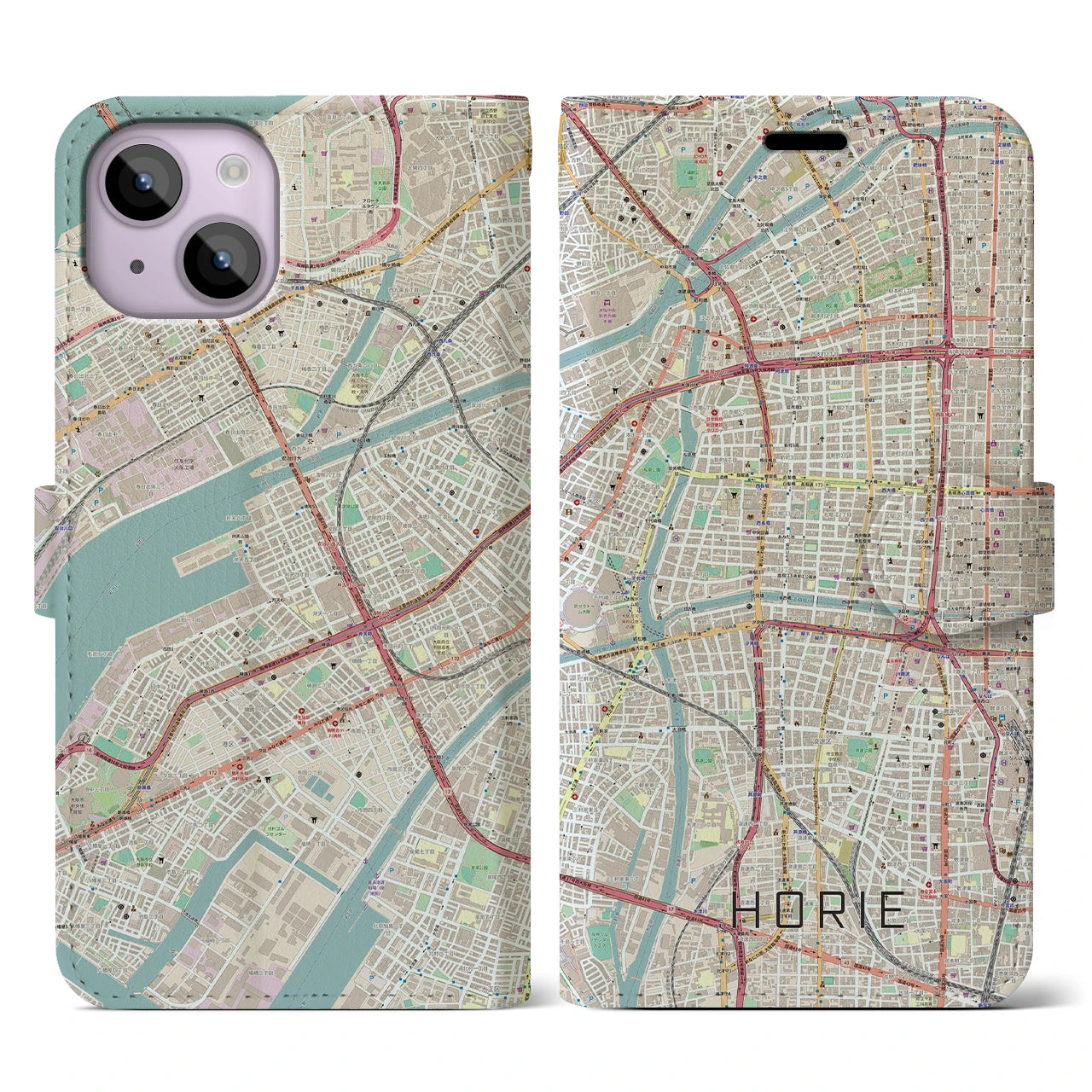 【堀江（大阪府）】地図柄iPhoneケース（手帳タイプ）ナチュラル・iPhone 14 用