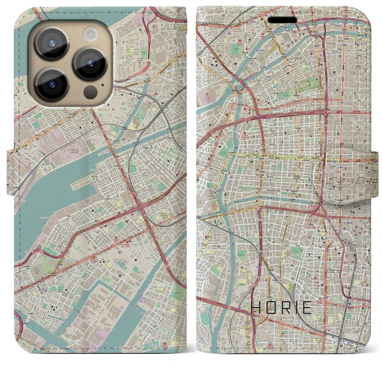 【堀江（大阪府）】地図柄iPhoneケース（手帳タイプ）ナチュラル・iPhone 14 Pro Max 用