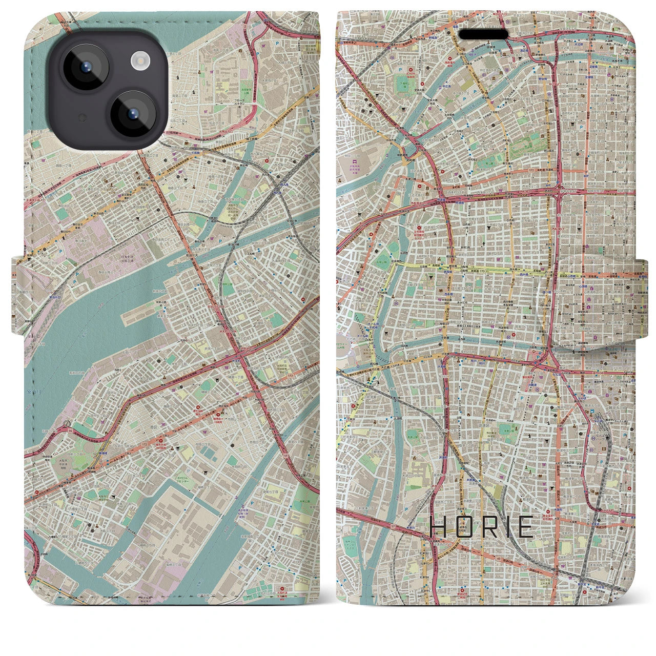 【堀江（大阪府）】地図柄iPhoneケース（手帳タイプ）ナチュラル・iPhone 14 Plus 用