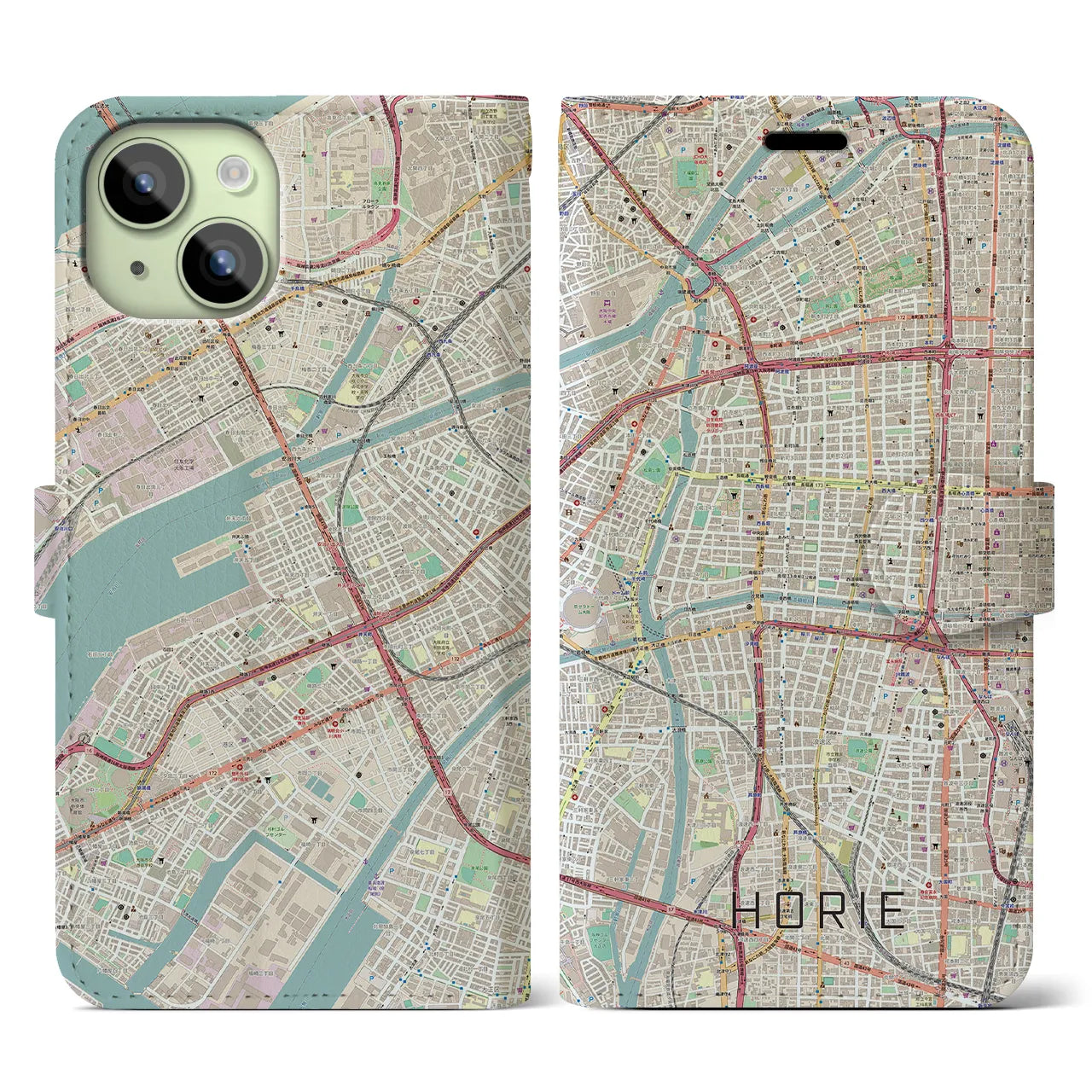 【堀江（大阪府）】地図柄iPhoneケース（手帳タイプ）ナチュラル・iPhone 15 用