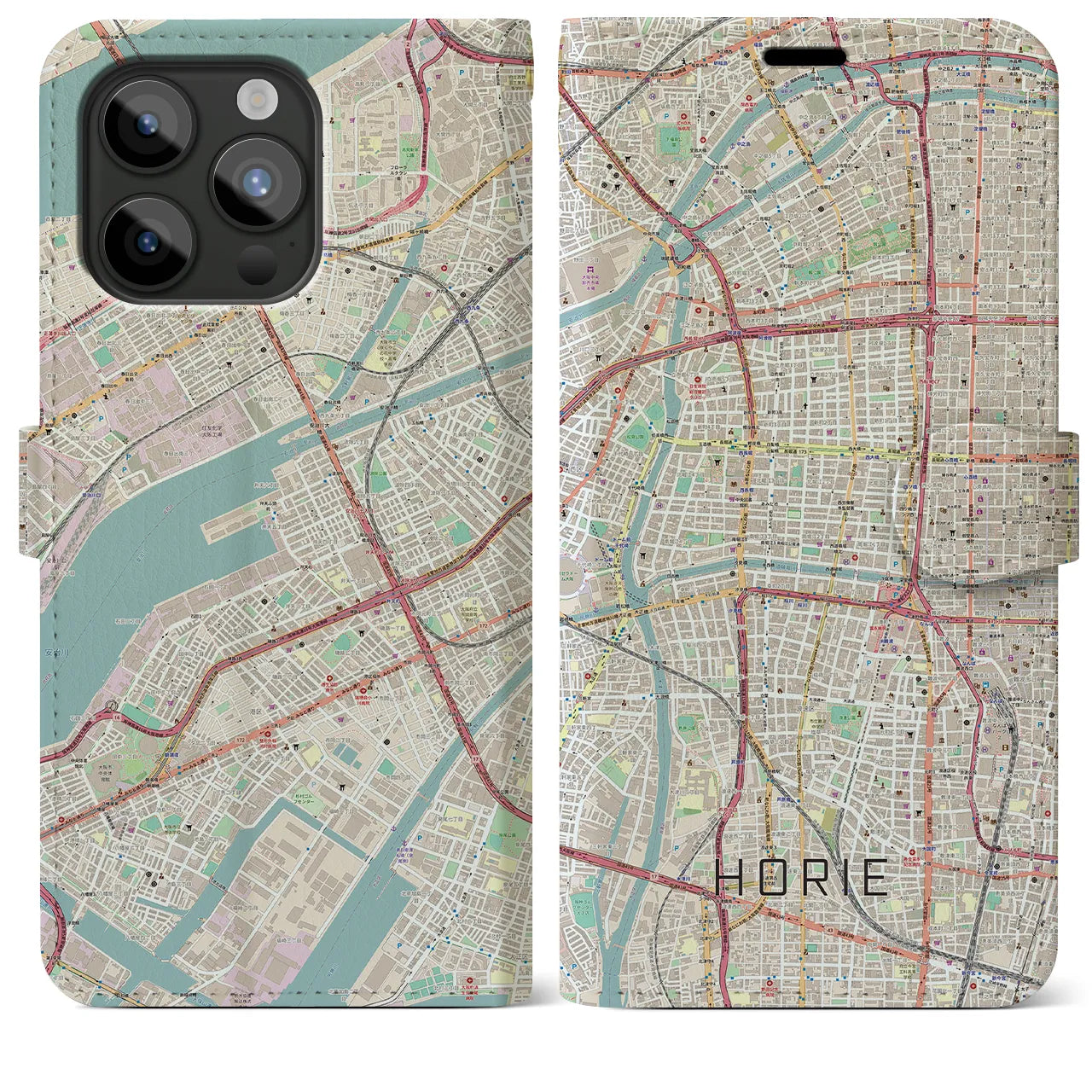 【堀江（大阪府）】地図柄iPhoneケース（手帳タイプ）ナチュラル・iPhone 15 Pro Max 用