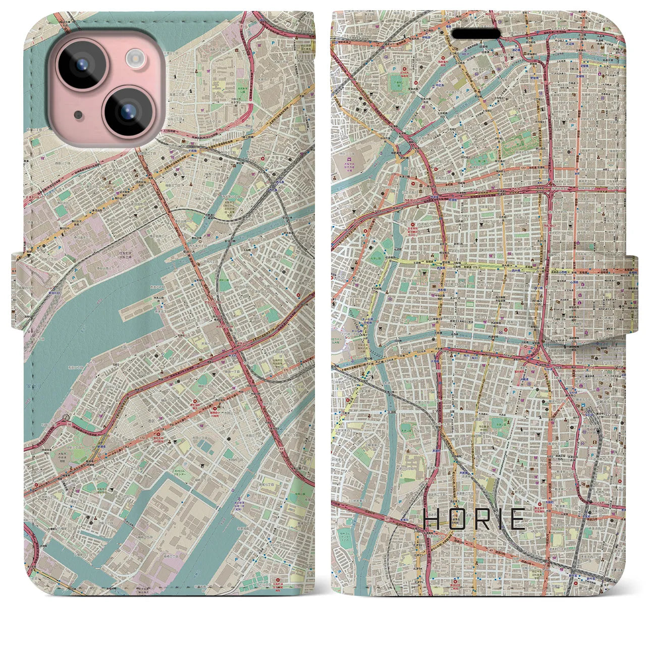 【堀江（大阪府）】地図柄iPhoneケース（手帳タイプ）ナチュラル・iPhone 15 Plus 用