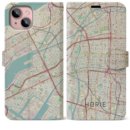 【堀江（大阪府）】地図柄iPhoneケース（手帳タイプ）ナチュラル・iPhone 15 Plus 用