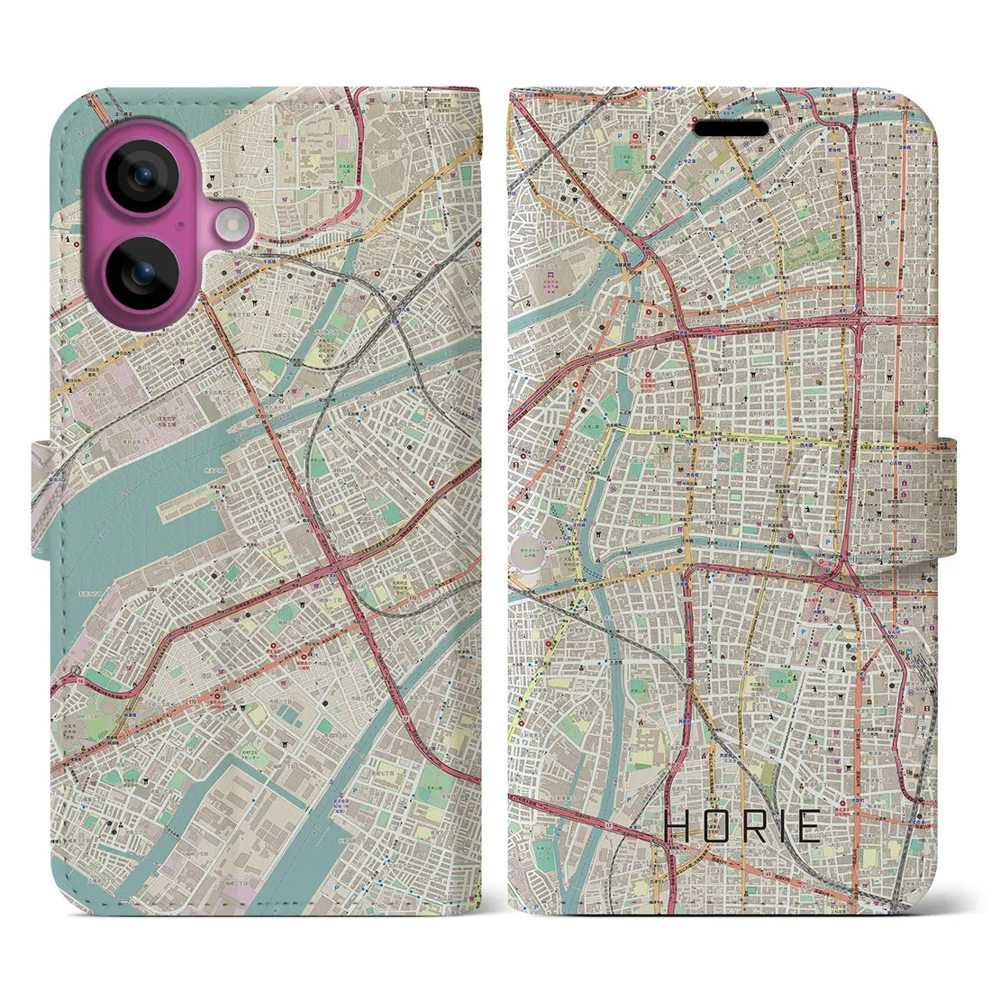 【堀江（大阪府）】地図柄iPhoneケース（手帳タイプ）ナチュラル・iPhone 16 Pro 用