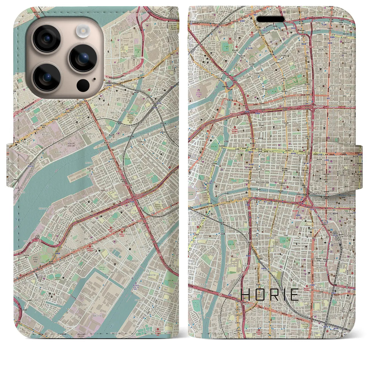 【堀江（大阪府）】地図柄iPhoneケース（手帳タイプ）ナチュラル・iPhone 16 Plus 用