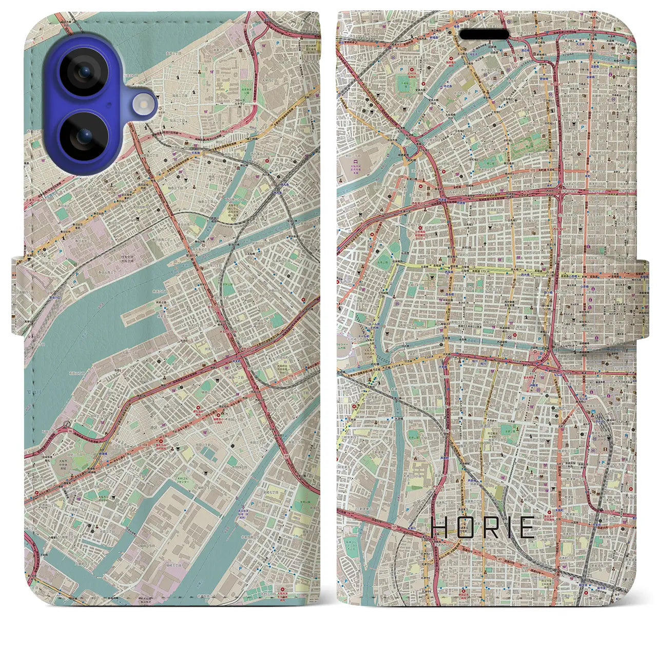 【堀江（大阪府）】地図柄iPhoneケース（手帳タイプ）ナチュラル・iPhone 16 Pro Max 用