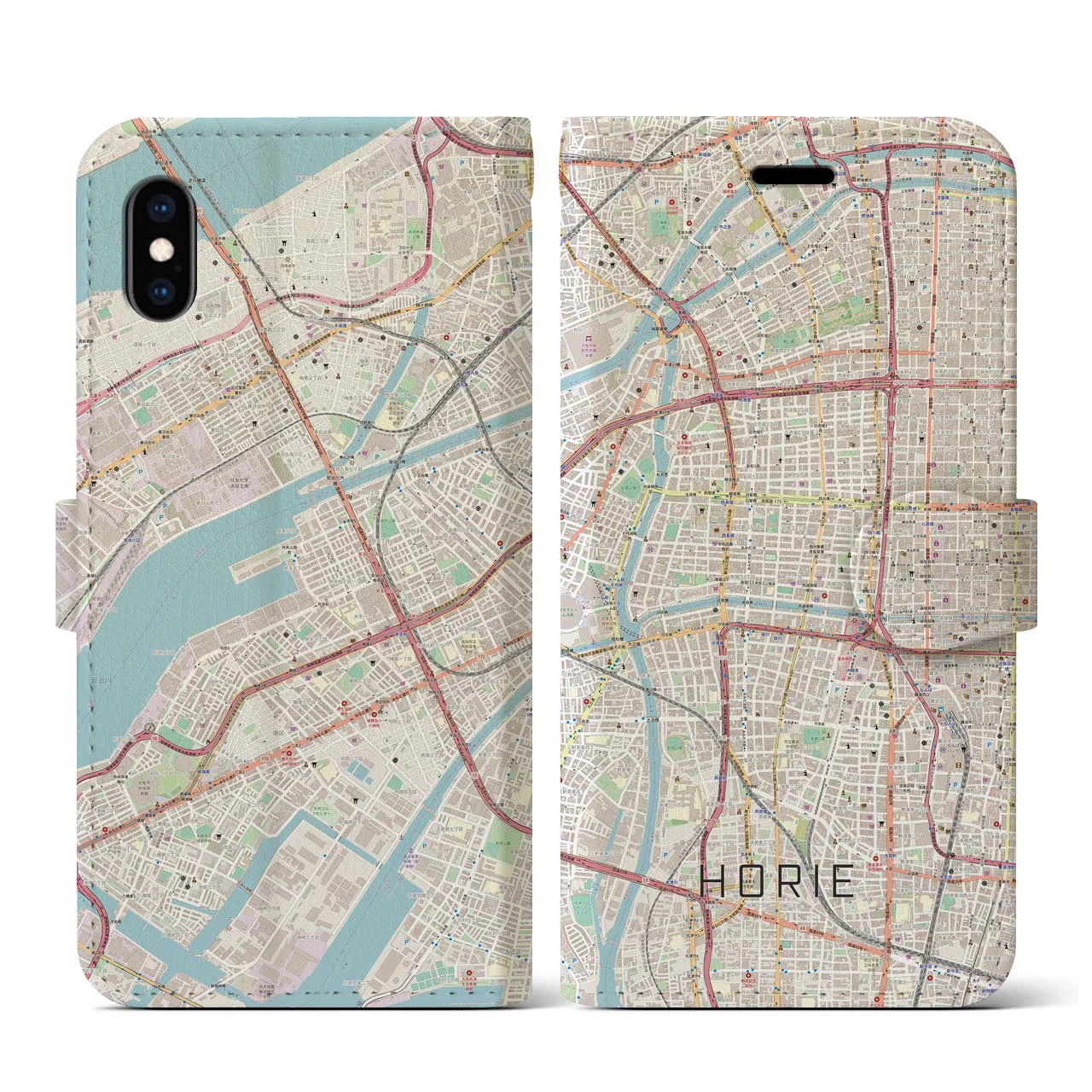 【堀江（大阪府）】地図柄iPhoneケース（手帳タイプ）ナチュラル・iPhone XS / X 用