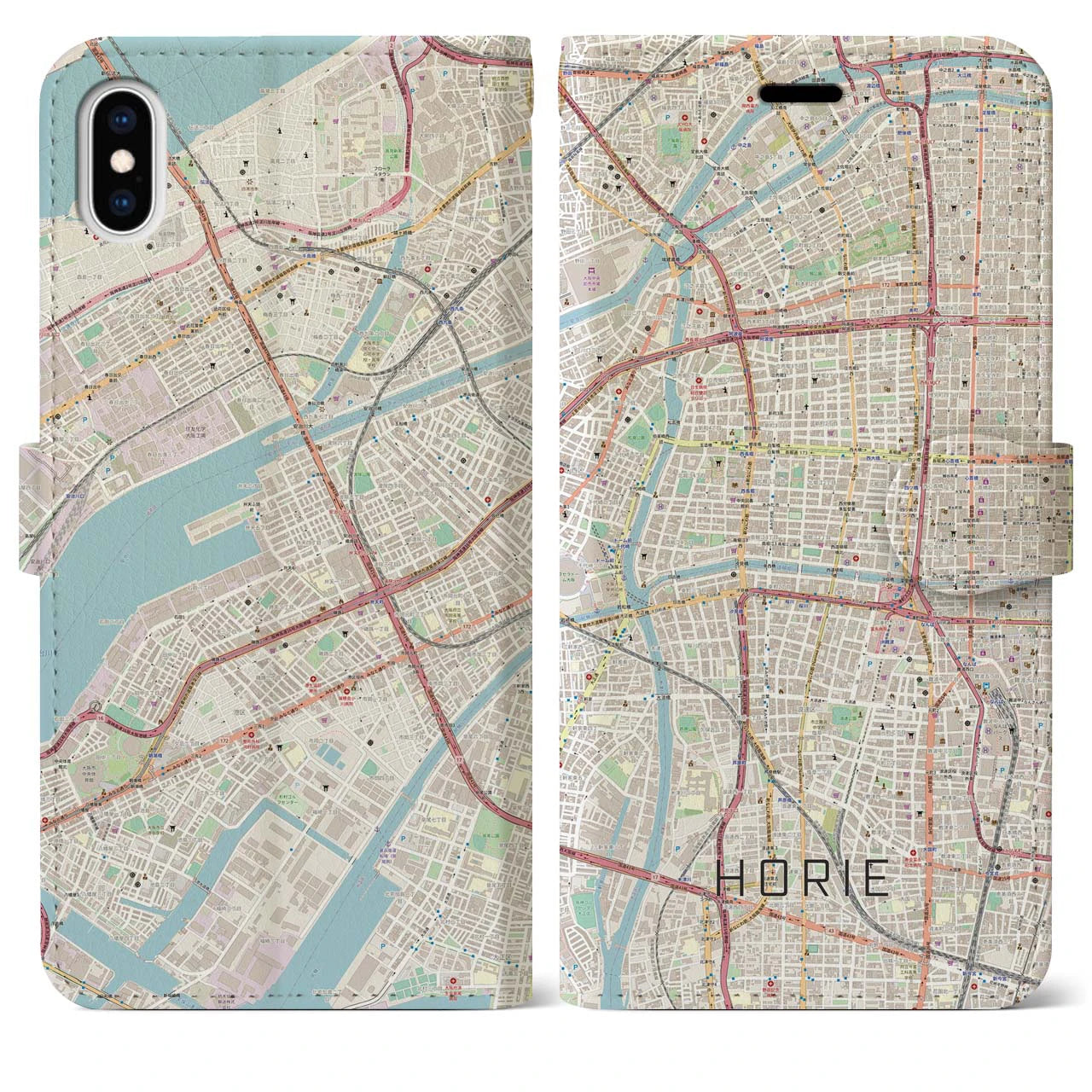 【堀江（大阪府）】地図柄iPhoneケース（手帳タイプ）ナチュラル・iPhone XS Max 用