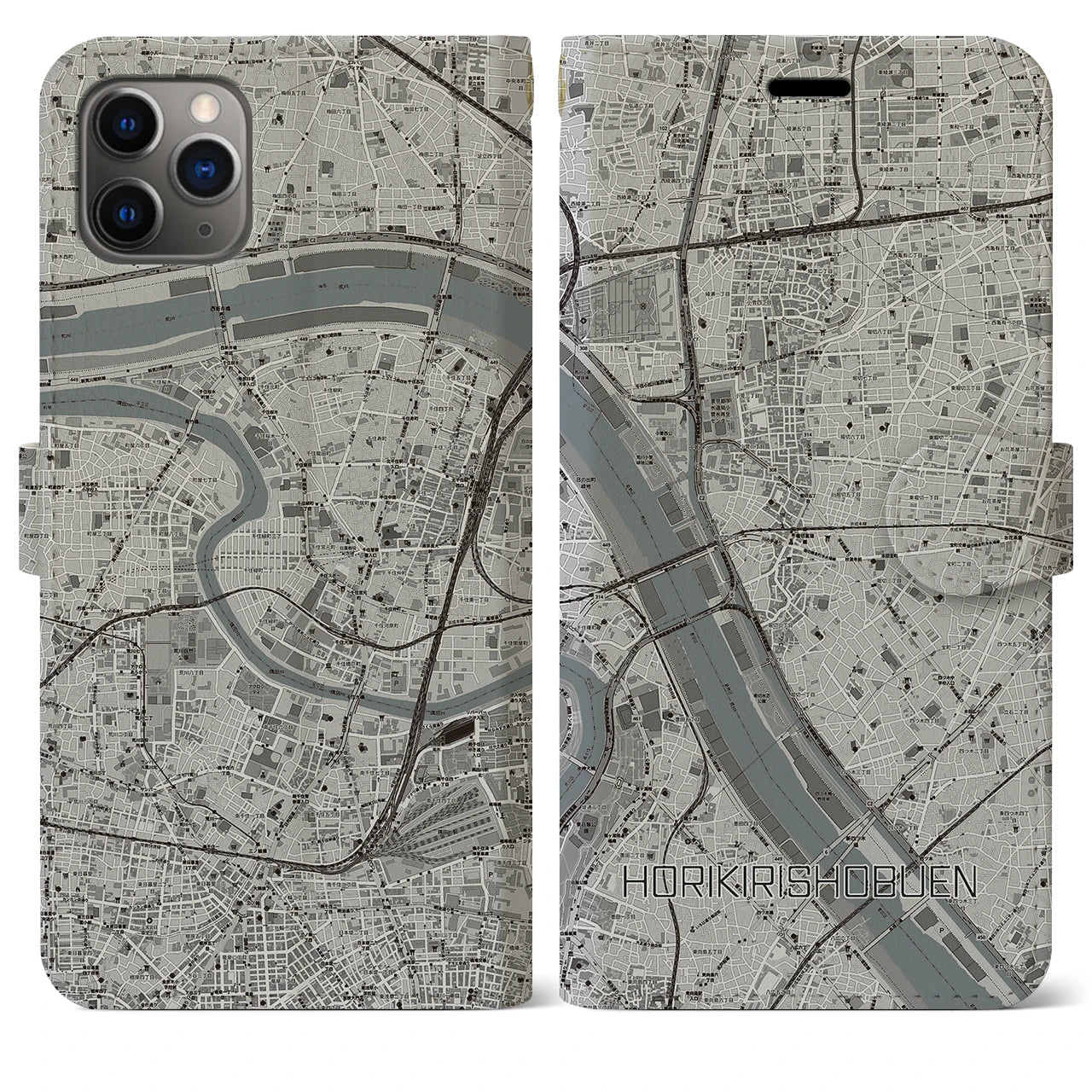 【堀切菖蒲園（東京都）】地図柄iPhoneケース（手帳タイプ）モノトーン・iPhone 11 Pro Max 用