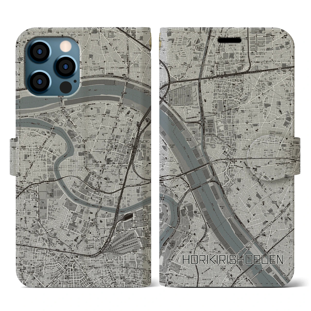 【堀切菖蒲園（東京都）】地図柄iPhoneケース（手帳タイプ）モノトーン・iPhone 12 / 12 Pro 用