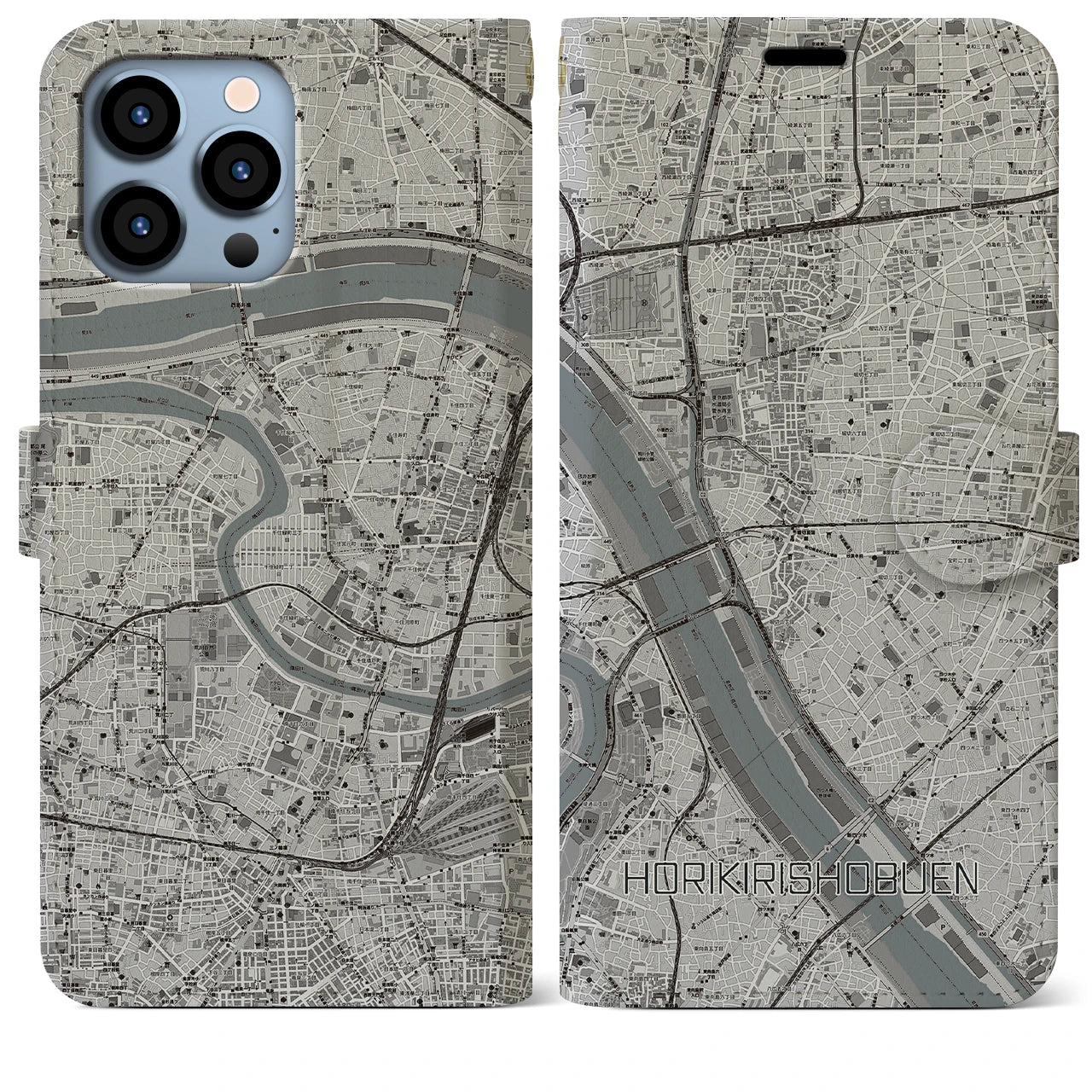 【堀切菖蒲園（東京都）】地図柄iPhoneケース（手帳タイプ）モノトーン・iPhone 13 Pro Max 用