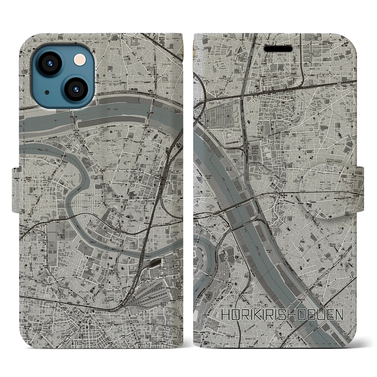 【堀切菖蒲園（東京都）】地図柄iPhoneケース（手帳タイプ）モノトーン・iPhone 13 用