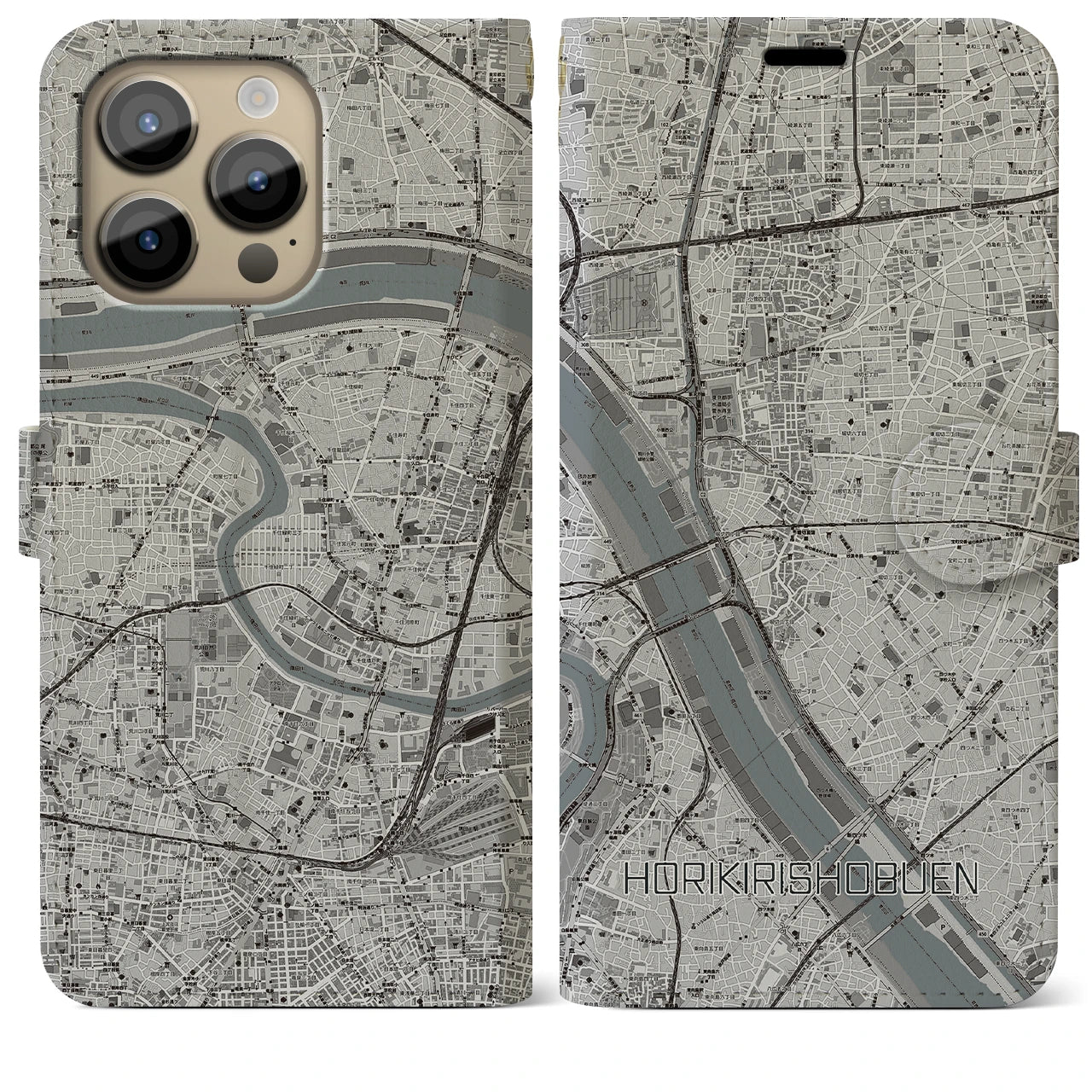 【堀切菖蒲園】地図柄iPhoneケース（手帳両面タイプ・モノトーン）iPhone 14 Pro Max 用