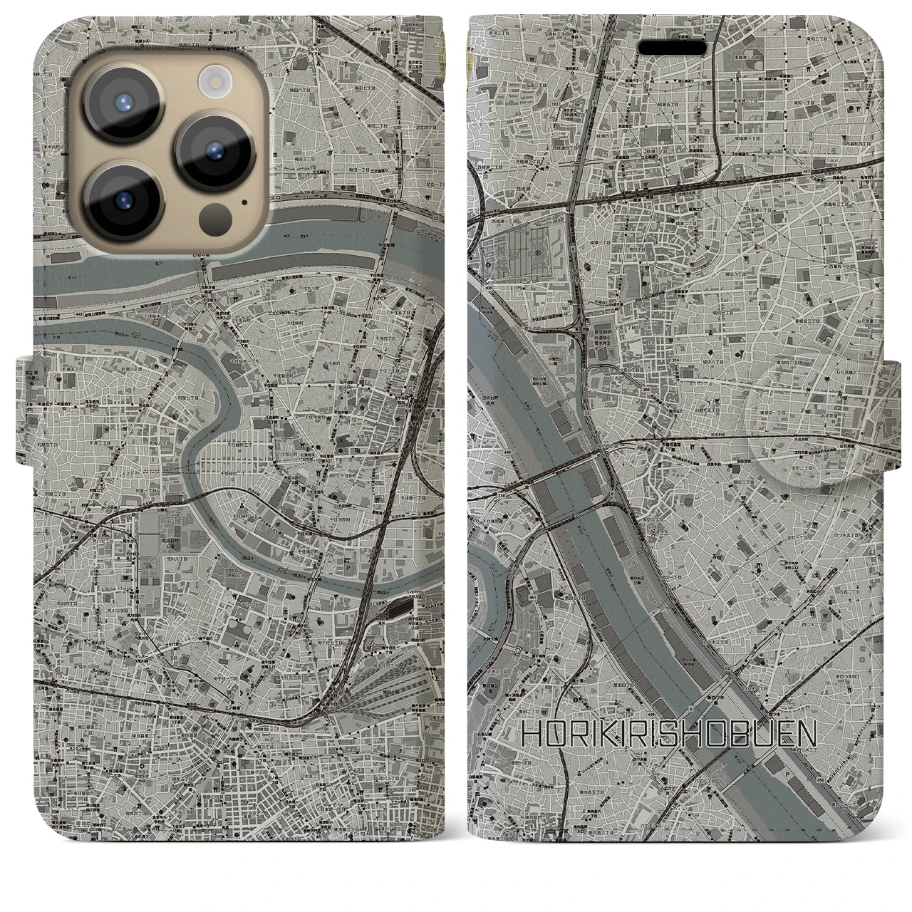 【堀切菖蒲園（東京都）】地図柄iPhoneケース（手帳タイプ）モノトーン・iPhone 14 Pro Max 用